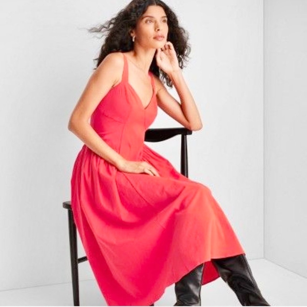 Future Collective Reese Blutstein Cotton Orange Midi Dress with Pockets, M (8)